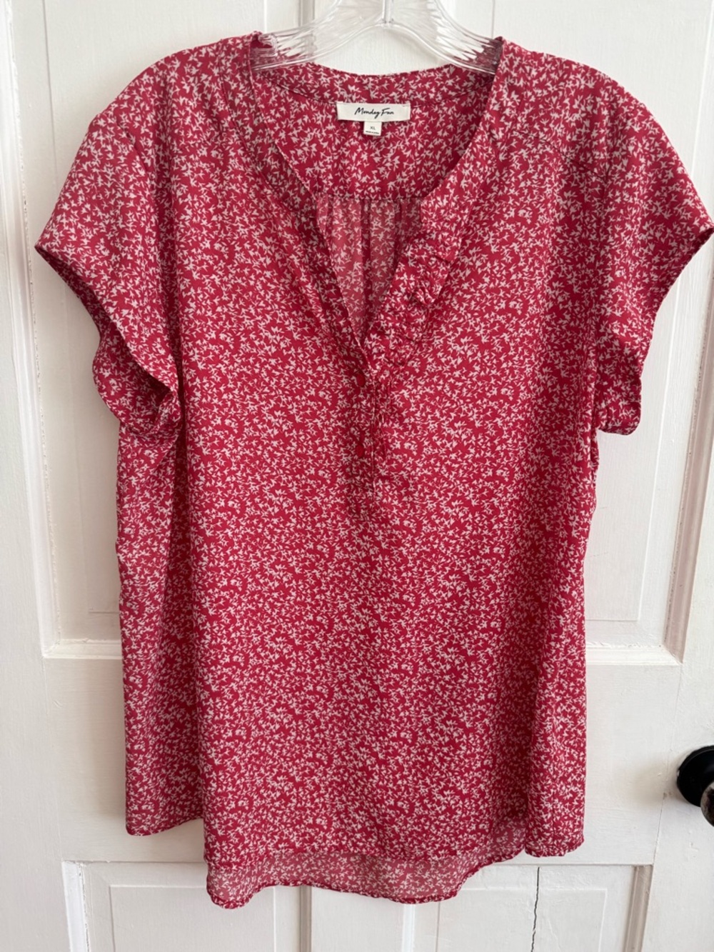 Pink Floral Split V-Neck Short Sleeve Blouse